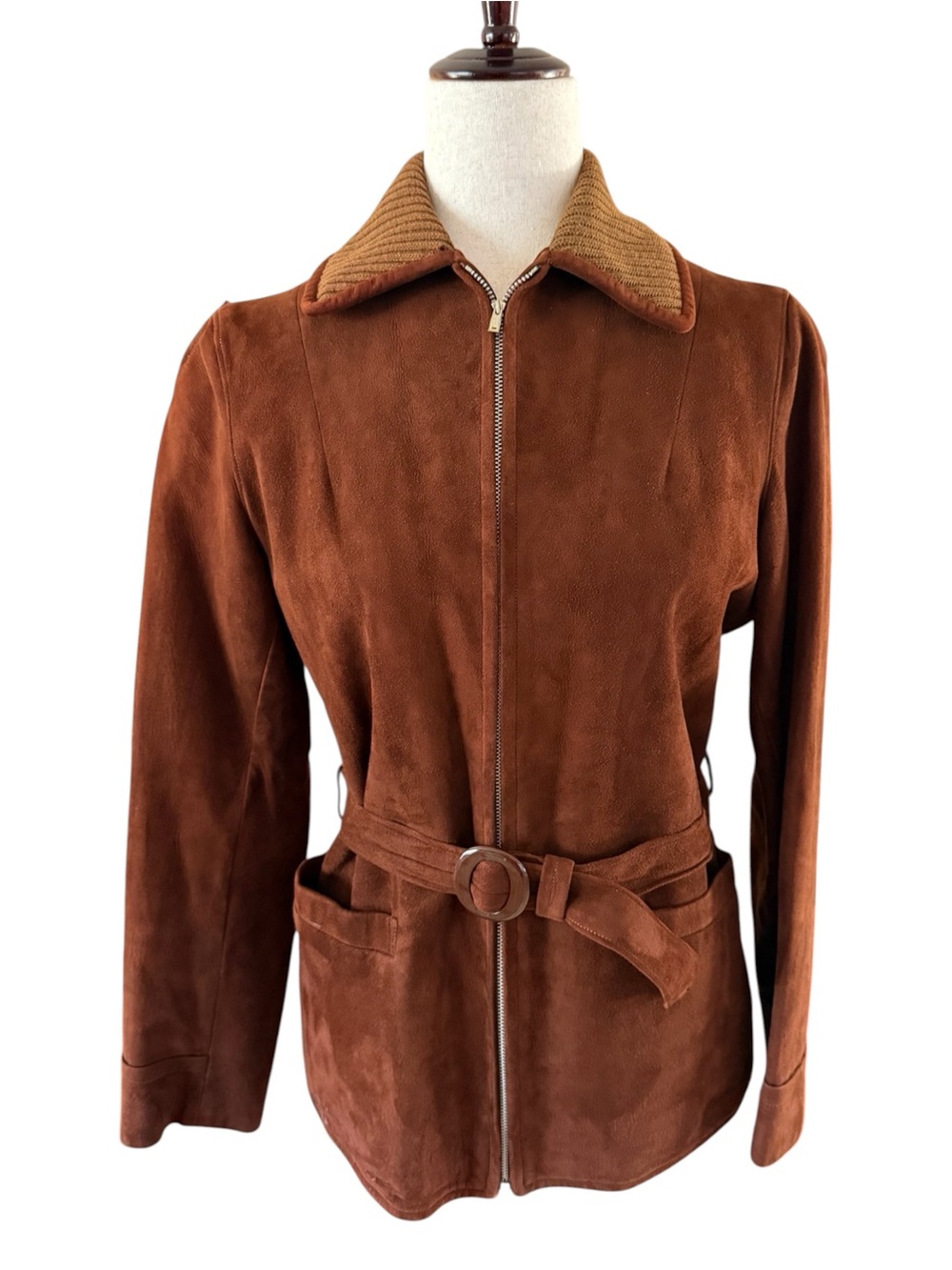 Vintage 1930s Suede Jacket Women's Brown Suede Zip Jacket with Belt